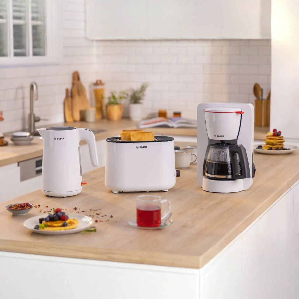 Torradeira Bosch MyMoment 950W 2 Ranhuras Branco TAT2M121, em uso: torradas douradas nas ranhuras sobre bancada de cozinha