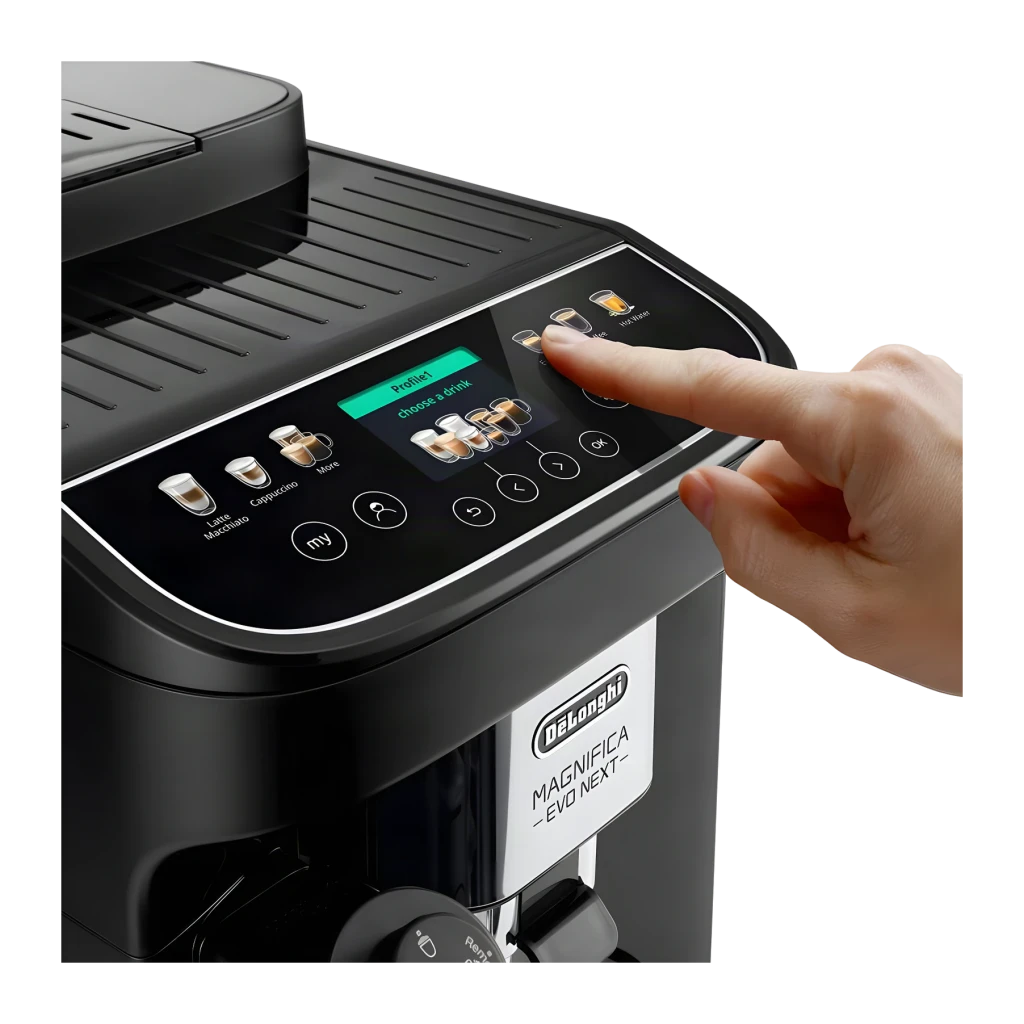Cafetera Superautomática De'Longhi Magnifica Evo Next 1,8L Molinillo integrado Negro ECAM310.60.B, detalle: mano pulsando
