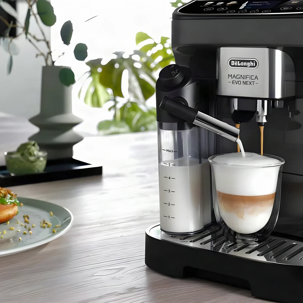 Cafetera Superautomática De'Longhi Magnifica Evo Next 1,8L Molinillo integrado Negro ECAM310.60.B, en uso: sirviendo café