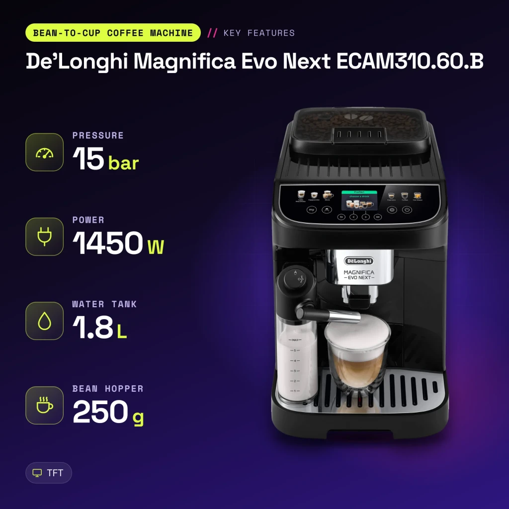 Cafetera Superautomática De'Longhi Magnifica Evo Next 1,8L Molinillo integrado Negro ECAM310.60.B - características