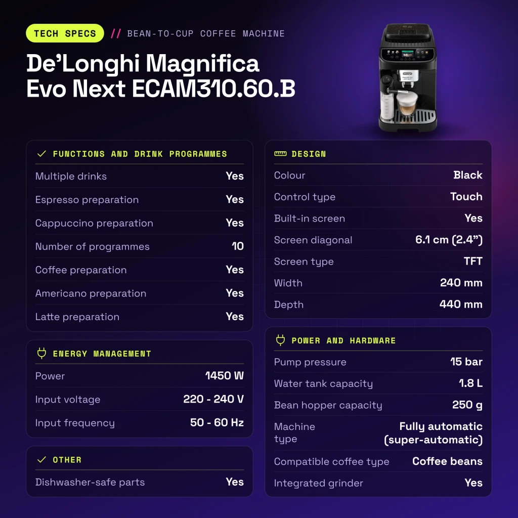 Cafetera Superautomática De'Longhi Magnifica Evo Next 1,8L Molinillo integrado Negro ECAM310.60.B - características