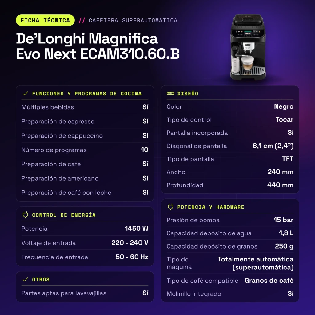 Cafetera Superautomática De'Longhi Magnifica Evo Next 1,8L Molinillo integrado Negro ECAM310.60.B - características