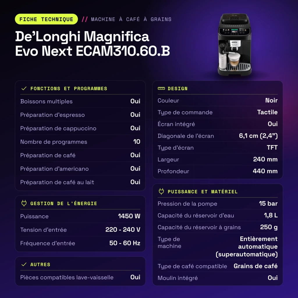 Cafetera Superautomática De'Longhi Magnifica Evo Next 1,8L Molinillo integrado Negro ECAM310.60.B - características