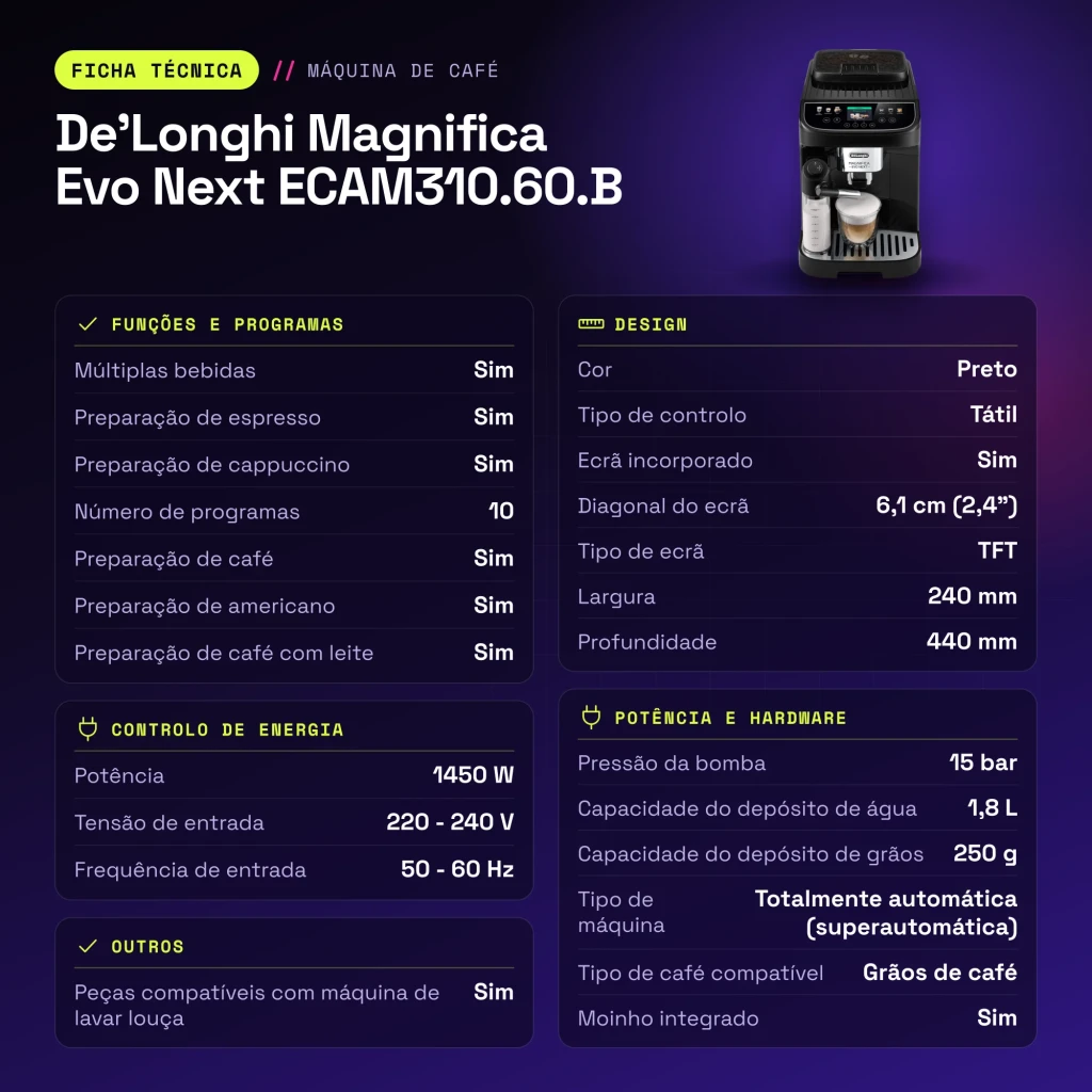 Cafetera Superautomática De'Longhi Magnifica Evo Next 1,8L Molinillo integrado Negro ECAM310.60.B - características