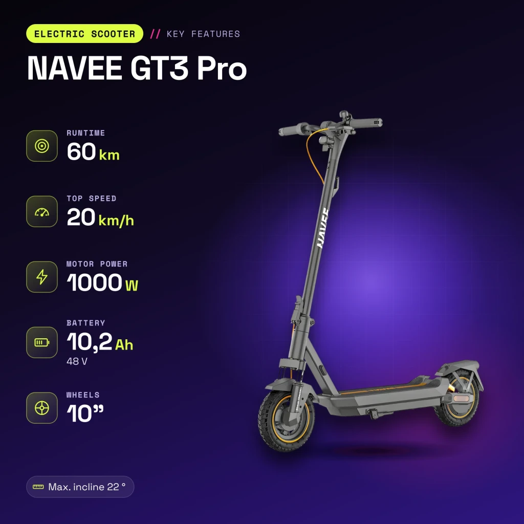 Trottinette Électrique NAVEE GT3 Pro 1000W 60km 20km/h 10 pouces Gris - caractéristiques