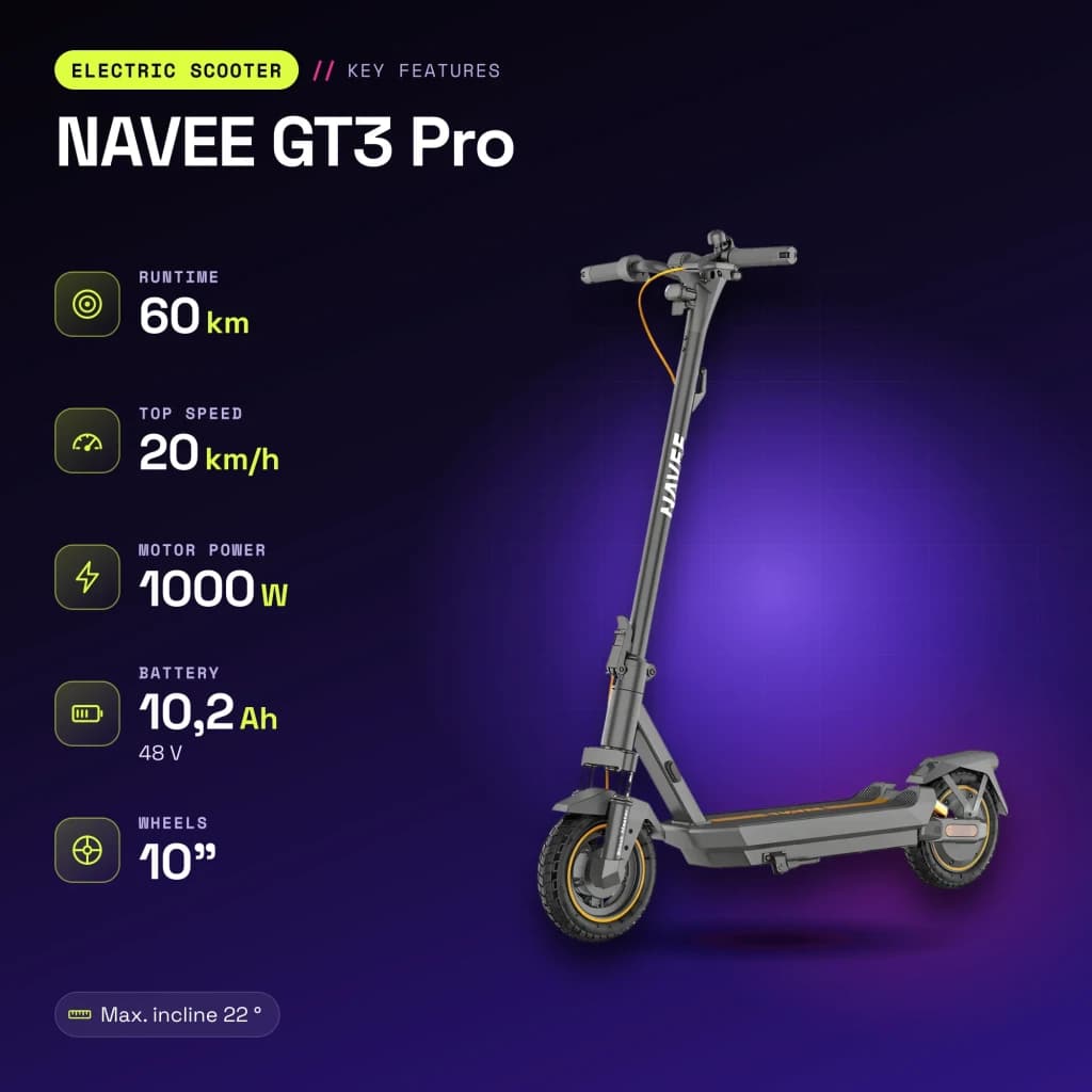 Trottinette Électrique NAVEE GT3 Pro 1000W 60km 20km/h 10 pouces Gris - caractéristiques