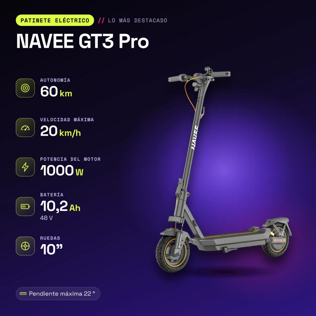 Trottinette Électrique NAVEE GT3 Pro 1000W 60km 20km/h 10 pouces Gris - caractéristiques