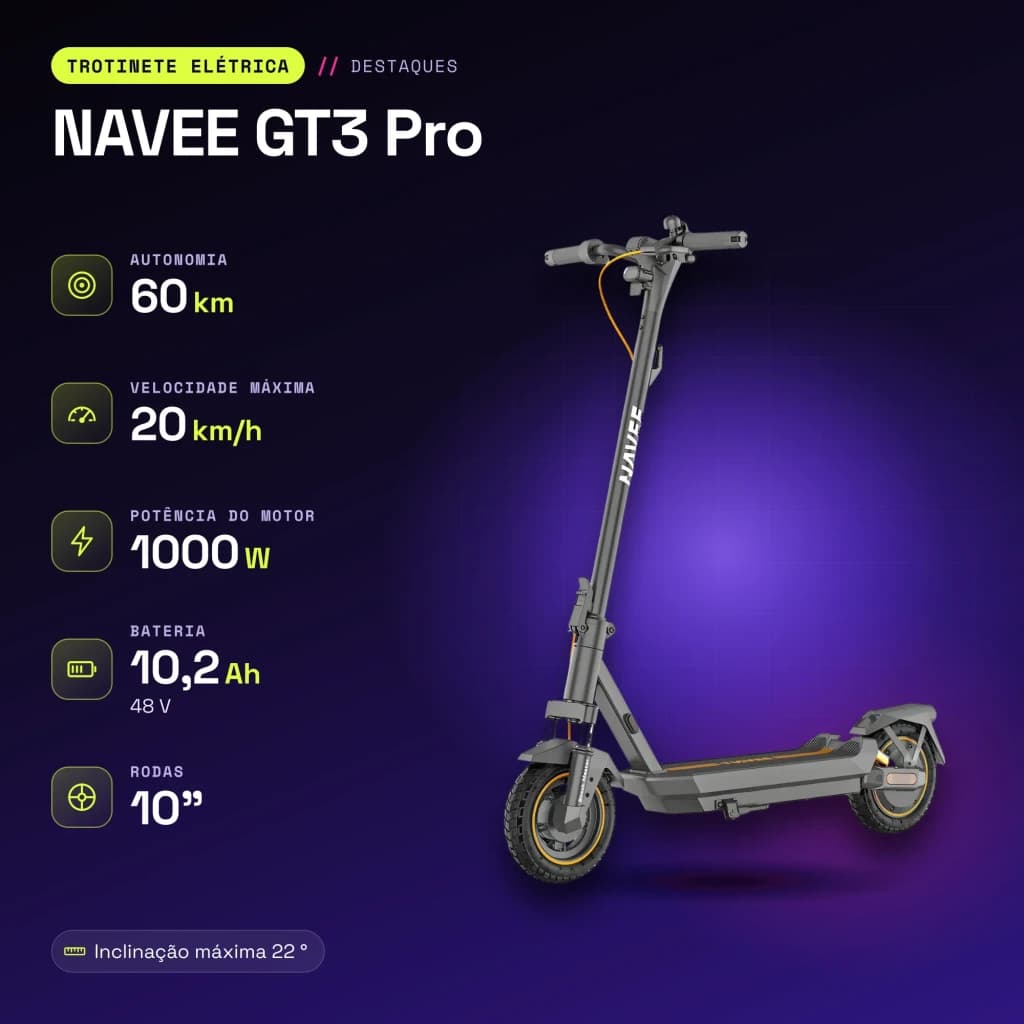 Trottinette Électrique NAVEE GT3 Pro 1000W 60km 20km/h 10 pouces Gris - caractéristiques