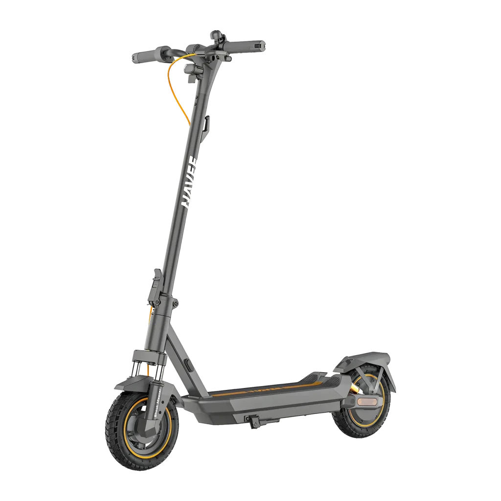 Trottinette Électrique NAVEE GT3 Pro 1000W 60km 20km/h 10 pouces, vue de face: cadre gris avec accents dorés, roues