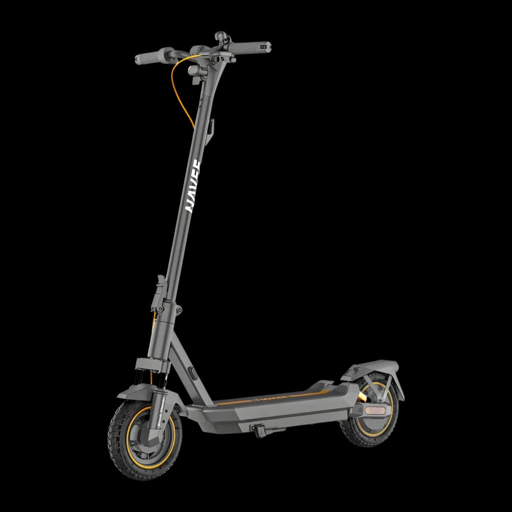 Trottinette Électrique NAVEE GT3 Pro 1000W 60km 20km/h 10 pouces, vue de face: cadre gris avec accents dorés, roues