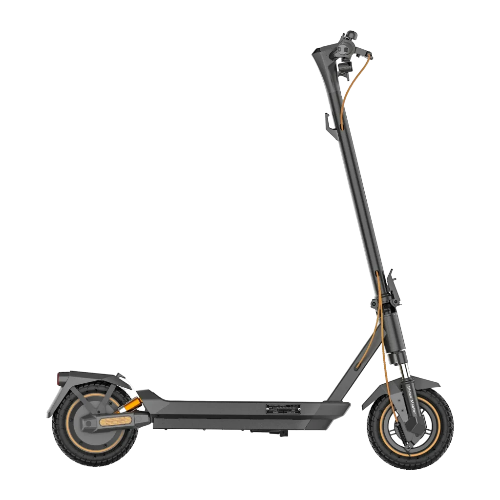 Trottinette Électrique NAVEE GT3 Pro 1000W 60km 20km/h 10 pouces, détail latéral: cadre noir, roues à jante orange