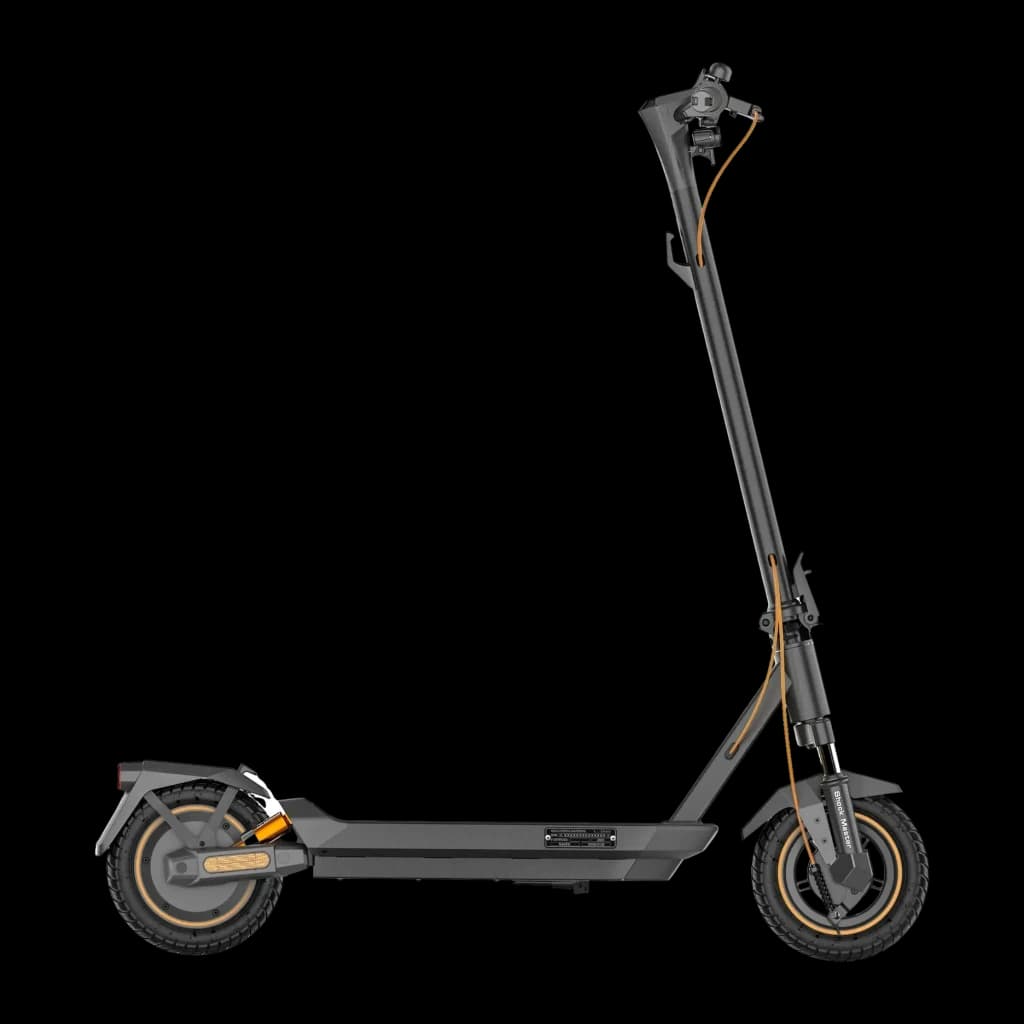 Trottinette Électrique NAVEE GT3 Pro 1000W 60km 20km/h 10 pouces, détail latéral: cadre noir, roues à jante orange