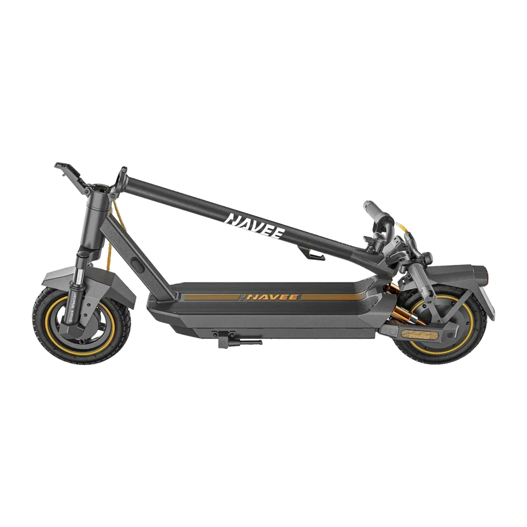Trottinette Électrique NAVEE GT3 Pro 1000W 60km 20km/h 10 pouces, détail latéral: suspension avant, frein à disque arrière