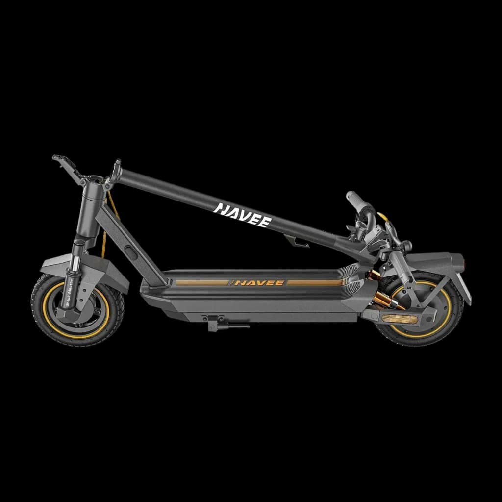 Trottinette Électrique NAVEE GT3 Pro 1000W 60km 20km/h 10 pouces, détail latéral: suspension avant, frein à disque arrière