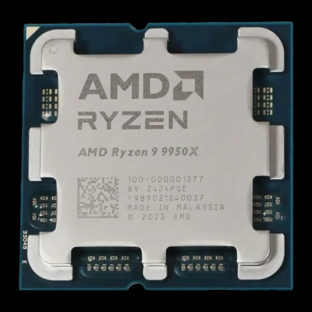 AMD Ryzen 9 9950X AM5 16 Núcleos Tray, vista frontal: IHS prateado com logo AMD Ryzen e número de série gravado