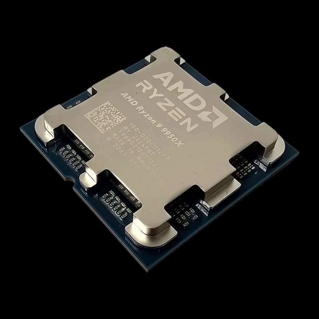 AMD Ryzen 9 9950X AM5 16 Núcleos Tray, detalhe: IHS metálico com gravação AMD Ryzen e etiqueta de série visível