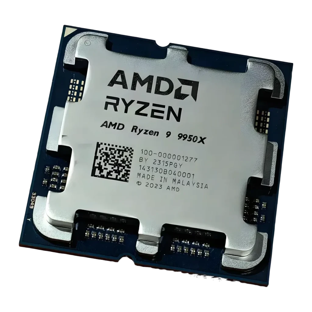AMD Ryzen 9 9950X AM5 16 Núcleos Tray, detalhe: IHS prateado com gravação AMD Ryzen 9 9950X e código QR visível