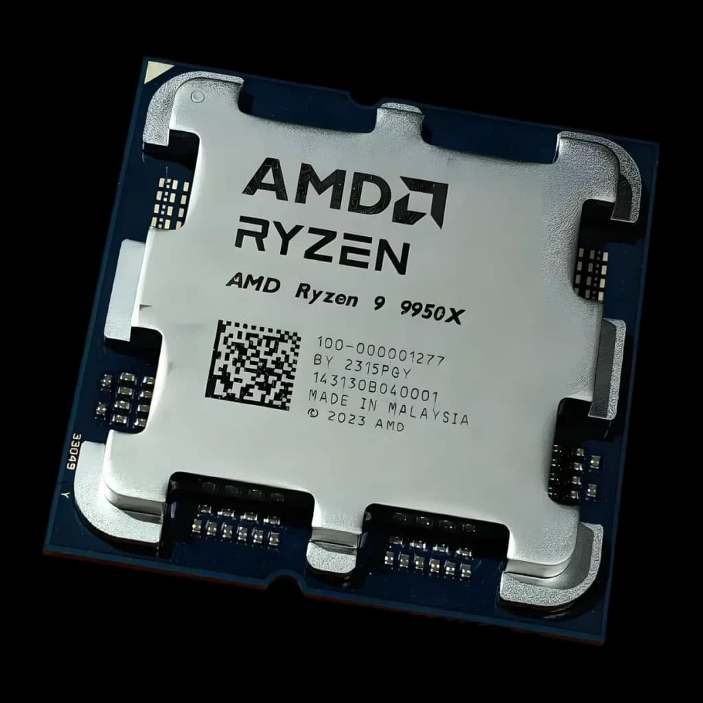 AMD Ryzen 9 9950X AM5 16 Núcleos Tray, detalhe: IHS prateado com gravação AMD Ryzen 9 9950X e código QR visível