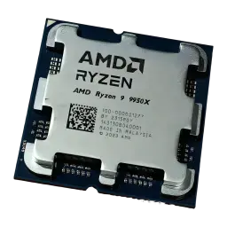AMD Ryzen 9 9950X AM5 16 Núcleos Tray, detalhe: IHS prateado com gravação AMD Ryzen 9 9950X e código QR visível