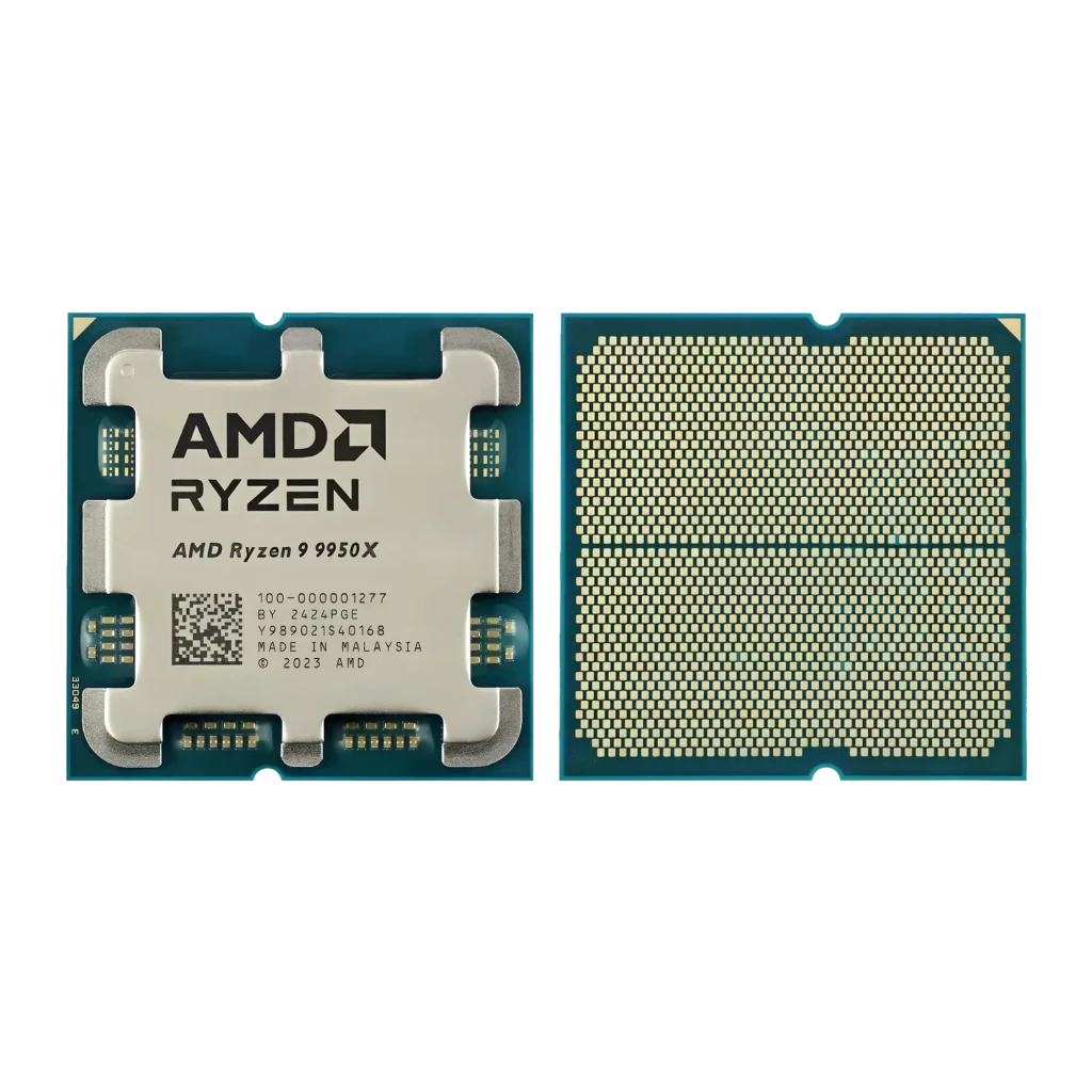 AMD Ryzen 9 9950X AM5 16 Núcleos Tray, vista traseira: IHS com logo AMD Ryzen e matriz de contactos dourados AM5