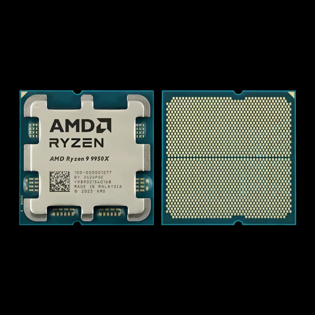AMD Ryzen 9 9950X AM5 16 Núcleos Tray, vista traseira: IHS com logo AMD Ryzen e matriz de contactos dourados AM5