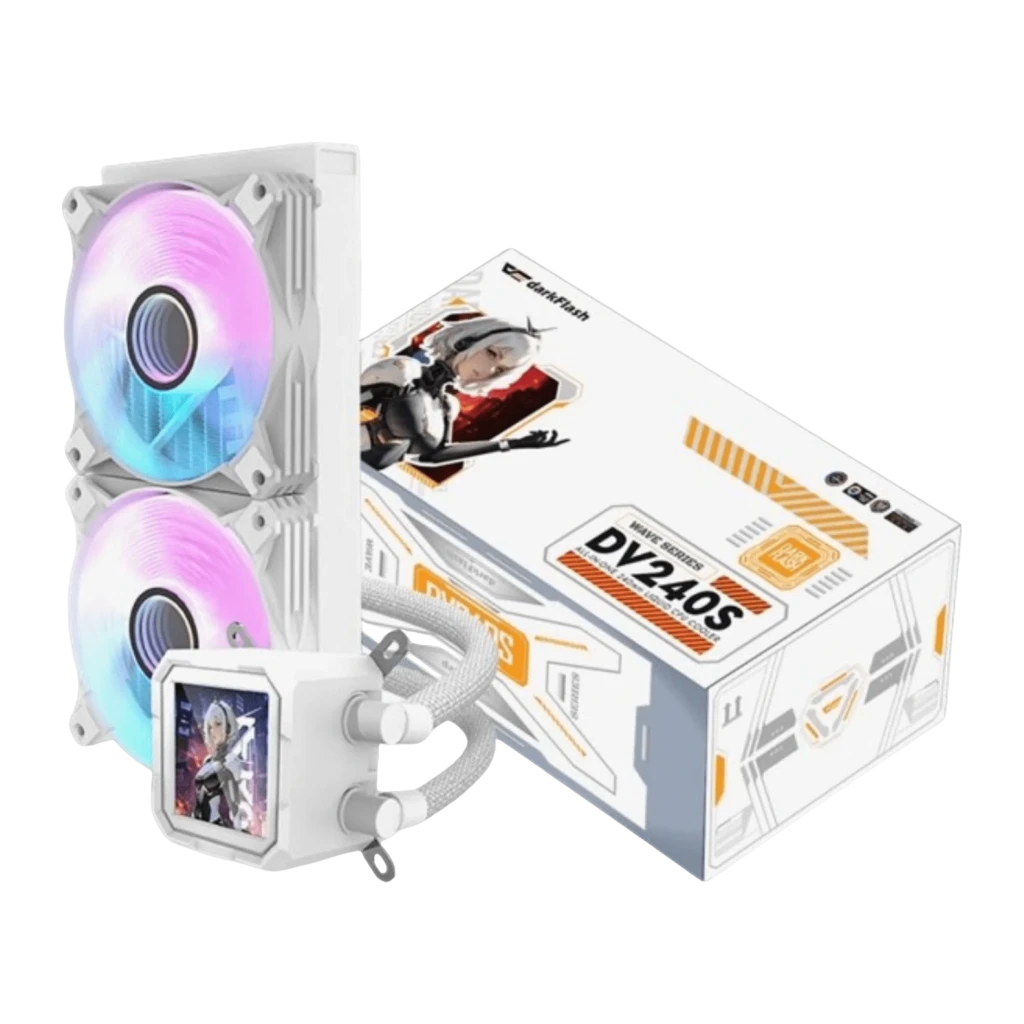 Refrigeración Líquida Darkflash ARGB 240mm Blanco DV240S, contenido de la caja: radiador con 2 ventiladores ARGB, cabezal