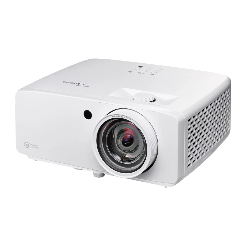 Projetor Optoma Laser Tiro Curto Full HD 1080p 5300 lúmens ANSI Branco ZH521ST, detalhe: objetiva Prime Lens grande angular