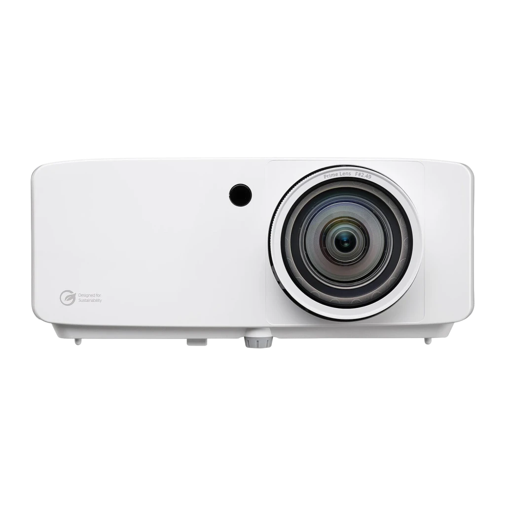 Projetor Optoma Laser Tiro Curto Full HD 1080p 5300 lúmens ANSI Branco ZH521ST, detalhe: objetiva Prime Lens F#2.49 e logo