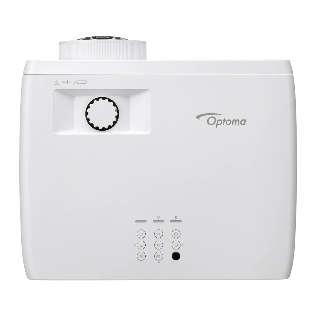 Projetor Optoma Laser Tiro Curto Full HD 1080p 5300 lúmens ANSI Branco ZH521ST, detalhe: vista superior com lente, painel