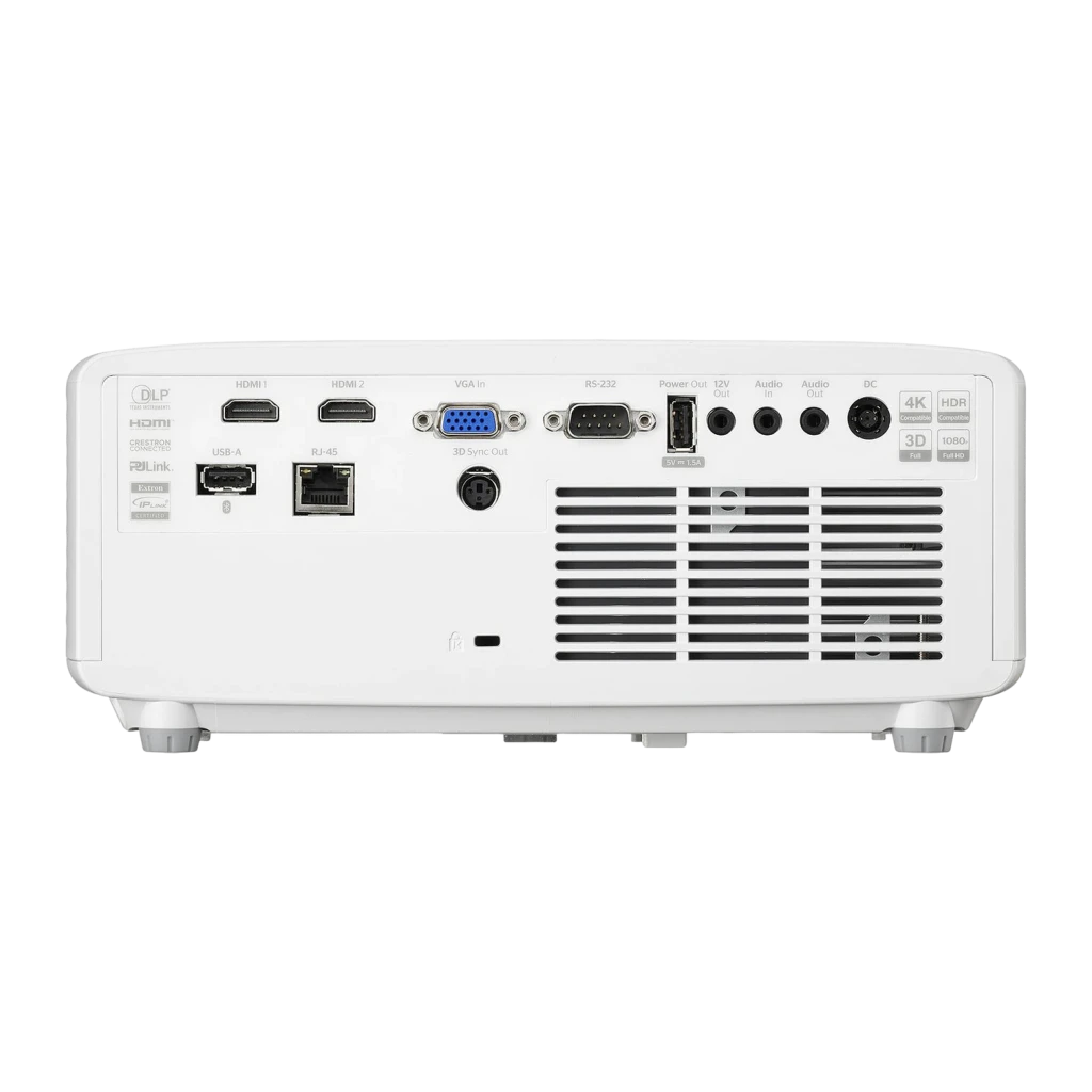 Projetor Optoma Laser Tiro Curto Full HD 1080p 5300 lúmens ANSI Branco ZH521ST, vista traseira: portas HDMI x2, VGA, RS-232