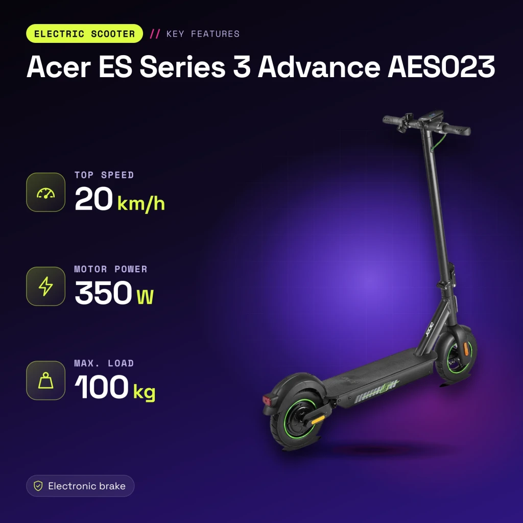 Patinete Eléctrico Acer ES Series 3 Advance AES023 350W 25km 20km/h Negro - características