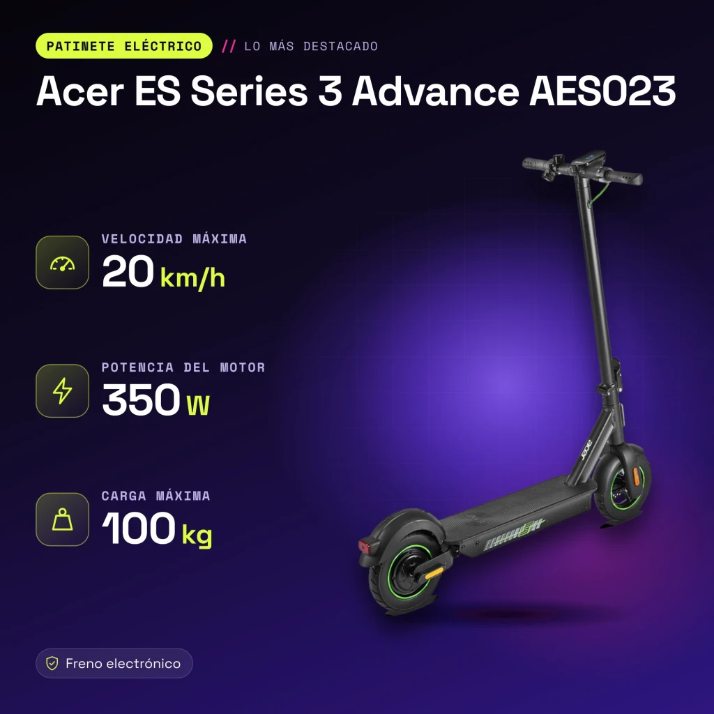 Patinete Eléctrico Acer ES Series 3 Advance AES023 350W 25km 20km/h Negro - características