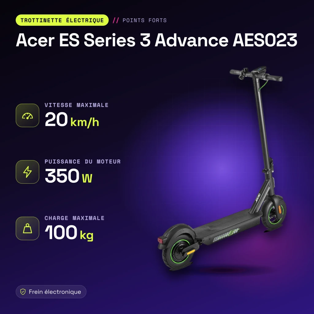Patinete Eléctrico Acer ES Series 3 Advance AES023 350W 25km 20km/h Negro - características