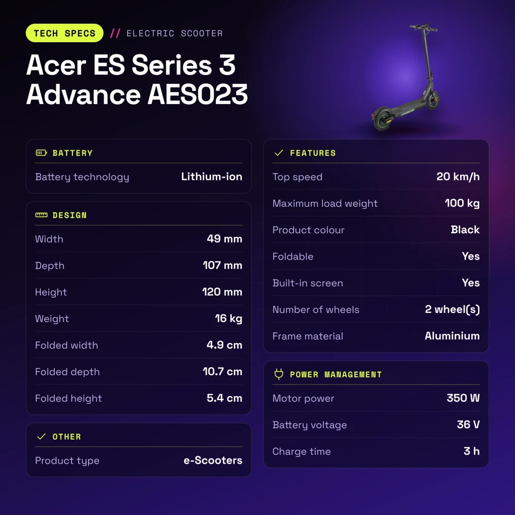 Patinete Eléctrico Acer ES Series 3 Advance AES023 350W 25km 20km/h Negro - características