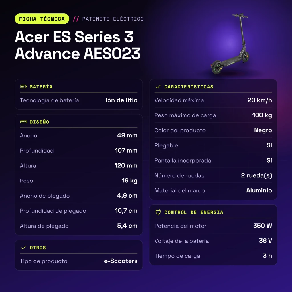 Patinete Eléctrico Acer ES Series 3 Advance AES023 350W 25km 20km/h Negro - características