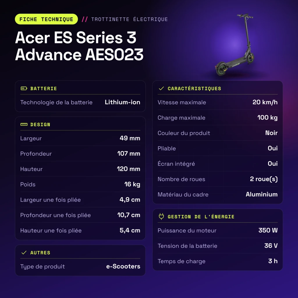 Patinete Eléctrico Acer ES Series 3 Advance AES023 350W 25km 20km/h Negro - características