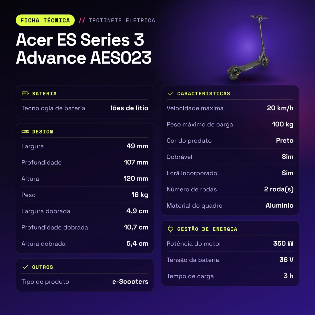Patinete Eléctrico Acer ES Series 3 Advance AES023 350W 25km 20km/h Negro - características