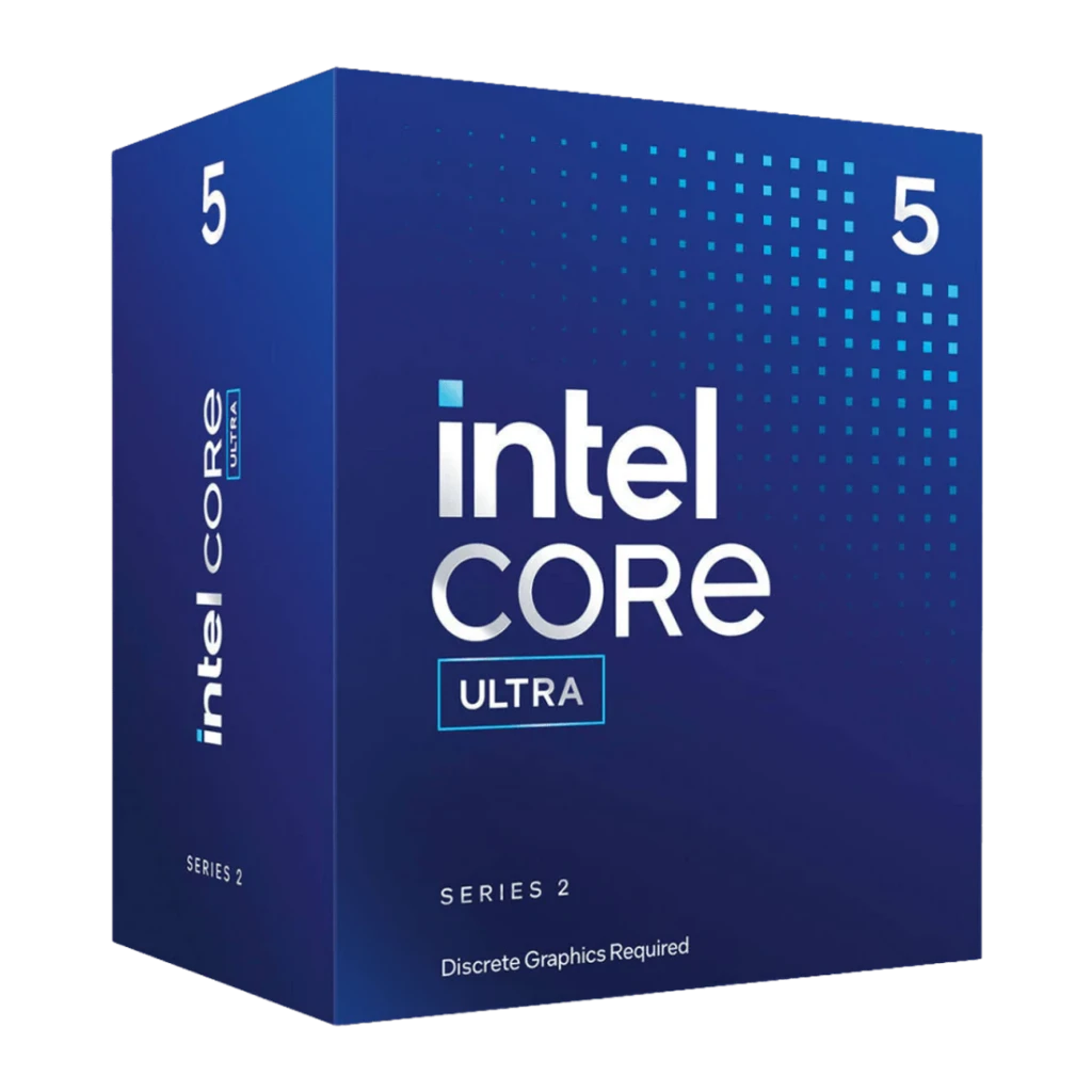 Intel Core Ultra 5 225F 10 Cœurs LGA1851 Box, contenu de la boîte: boîte bleue Series 2 en angle avec logo Core Ultra