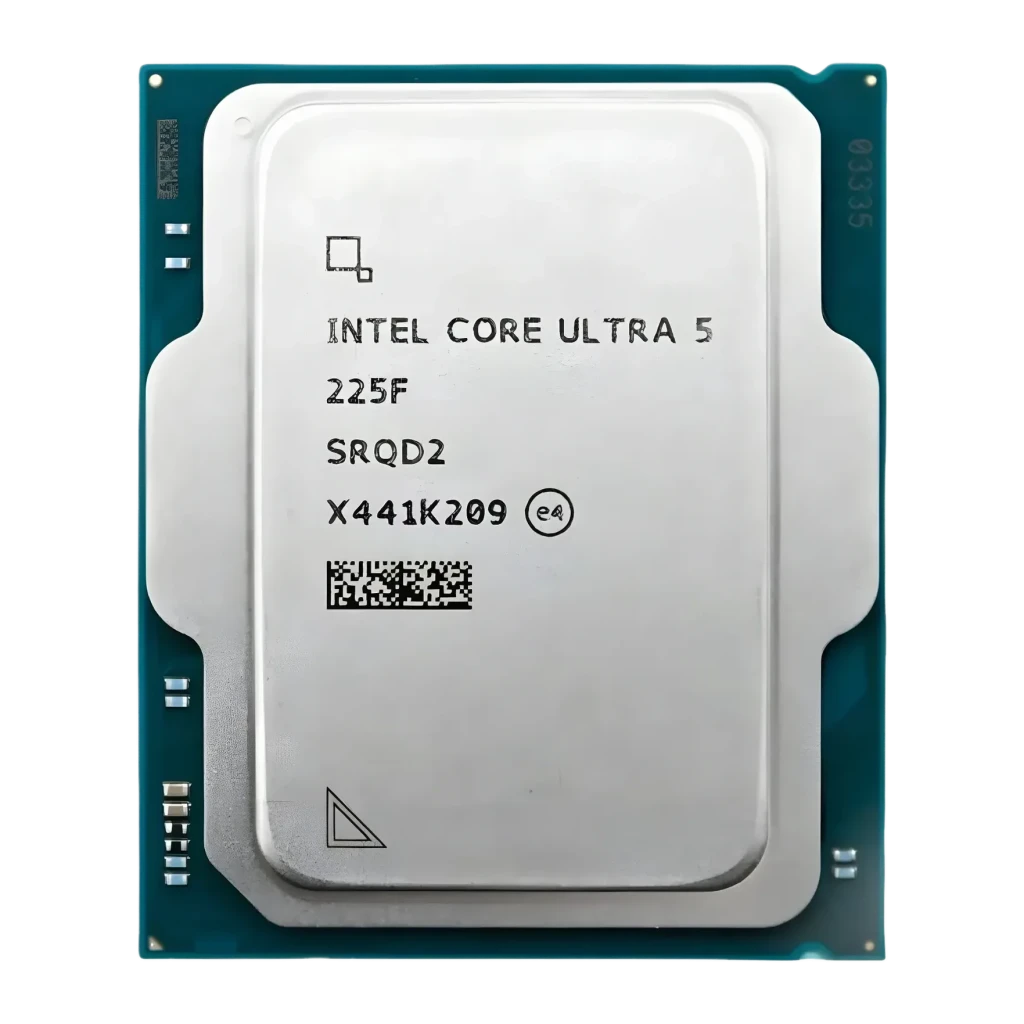 Intel Core Ultra 5 225F 10 Cœurs LGA1851 Box, vue de face: IHS argenté avec sérigraphie du modèle et QR code sur PCB