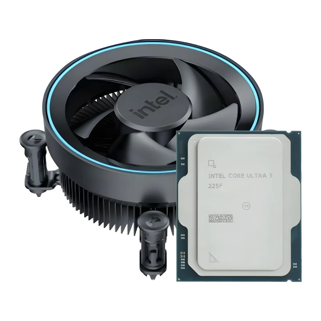 Intel Core Ultra 5 225F 10 Cœurs LGA1851 Box, détail: processeur et IHS aux côtés du ventirad stock avec anneau LED bleu