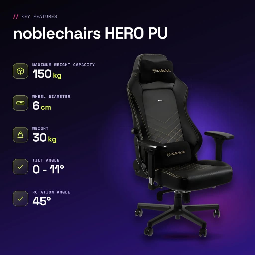 Chaise Gaming noblechairs HERO PU Noir/Or 150 kg Inclinable - caractéristiques