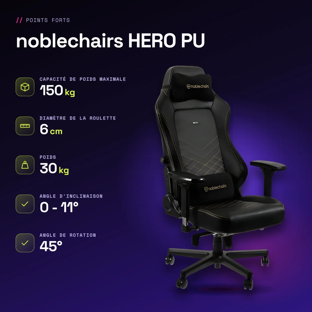 Chaise Gaming noblechairs HERO PU Noir/Or 150 kg Inclinable - caractéristiques