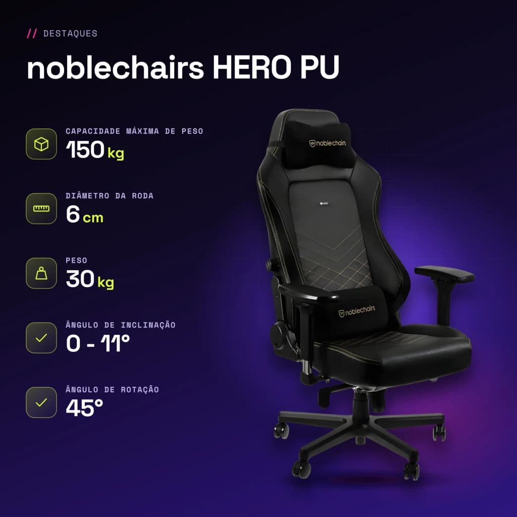 Chaise Gaming noblechairs HERO PU Noir/Or 150 kg Inclinable - caractéristiques