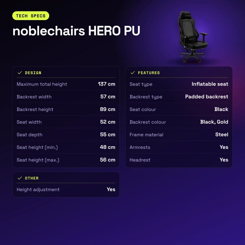 Chaise Gaming noblechairs HERO PU Noir/Or 150 kg Inclinable - caractéristiques