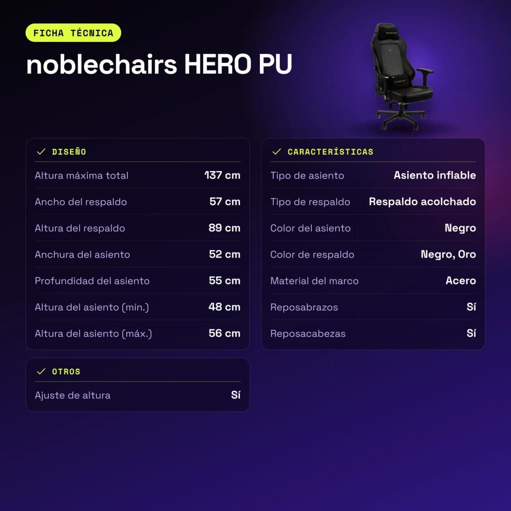 Chaise Gaming noblechairs HERO PU Noir/Or 150 kg Inclinable - caractéristiques