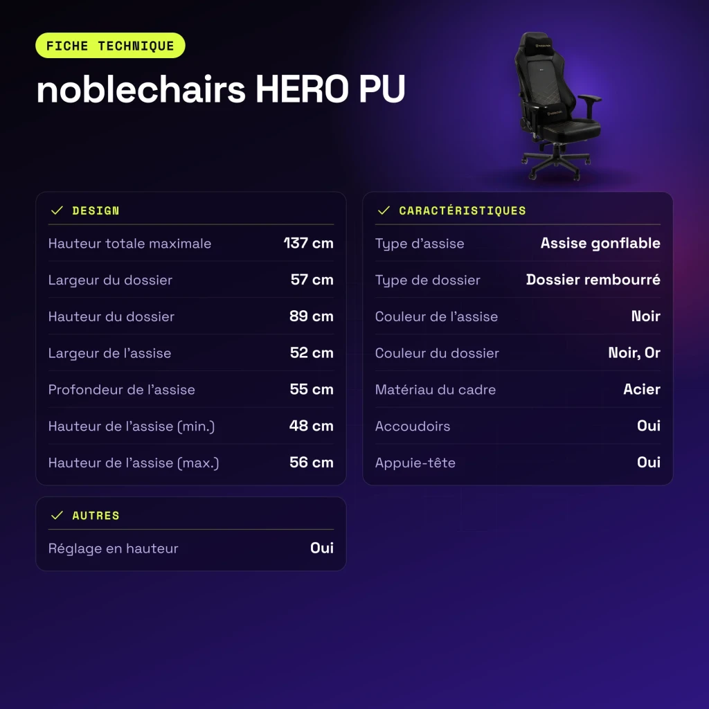 Chaise Gaming noblechairs HERO PU Noir/Or 150 kg Inclinable - caractéristiques