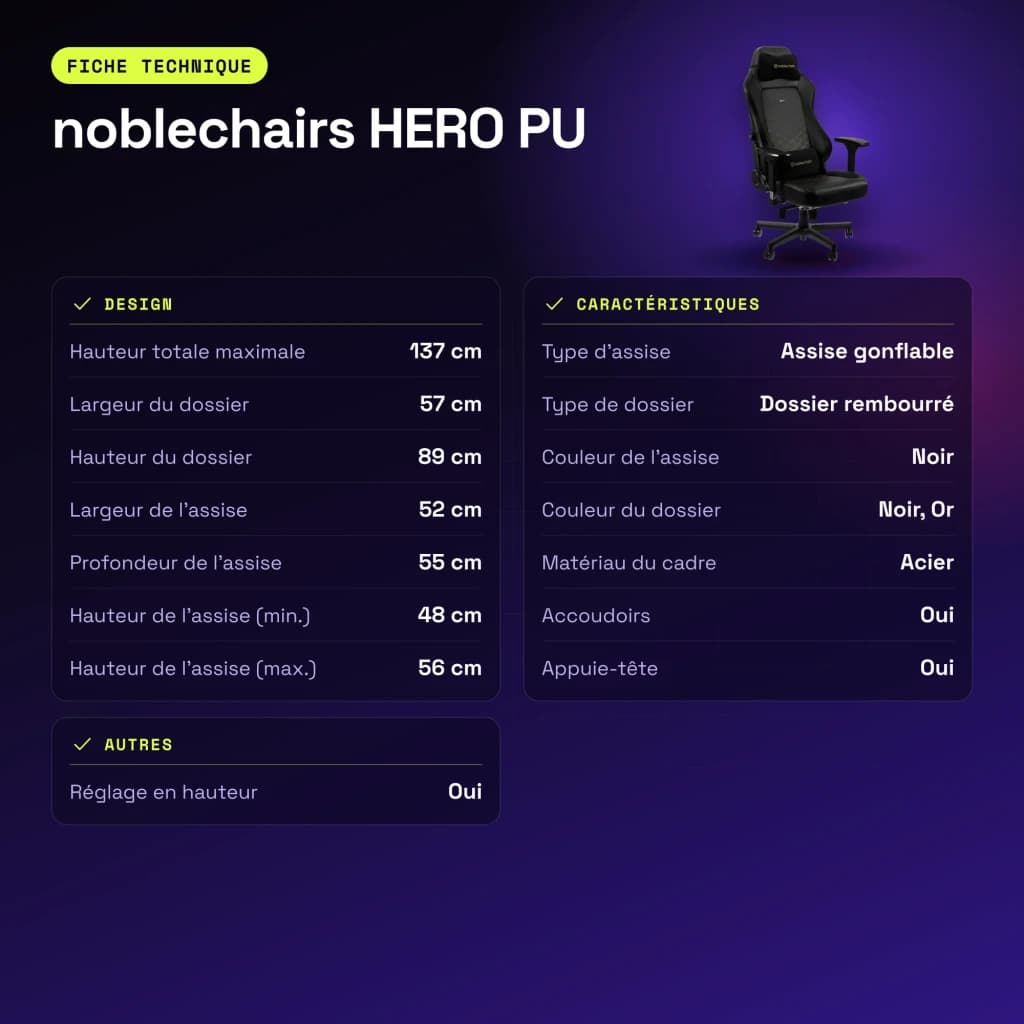 Chaise Gaming noblechairs HERO PU Noir/Or 150 kg Inclinable - caractéristiques