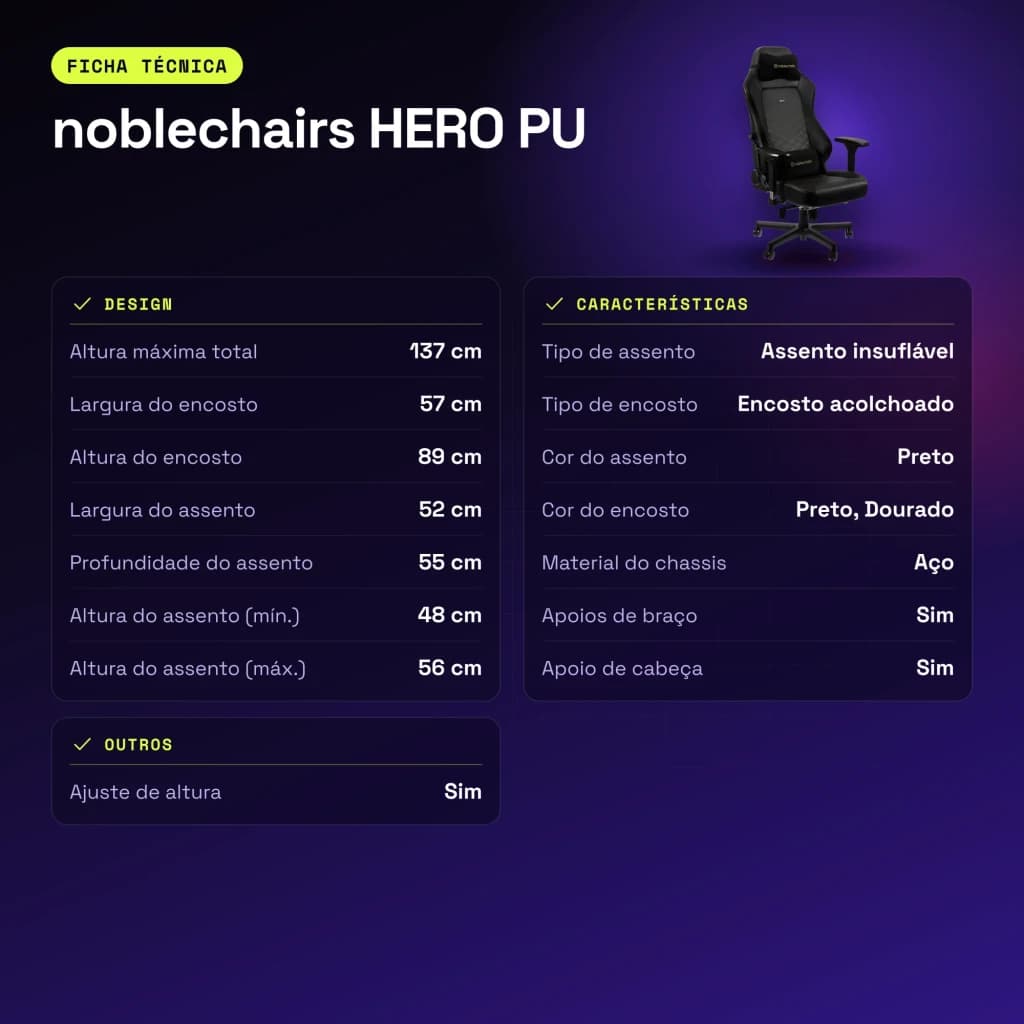 Chaise Gaming noblechairs HERO PU Noir/Or 150 kg Inclinable - caractéristiques
