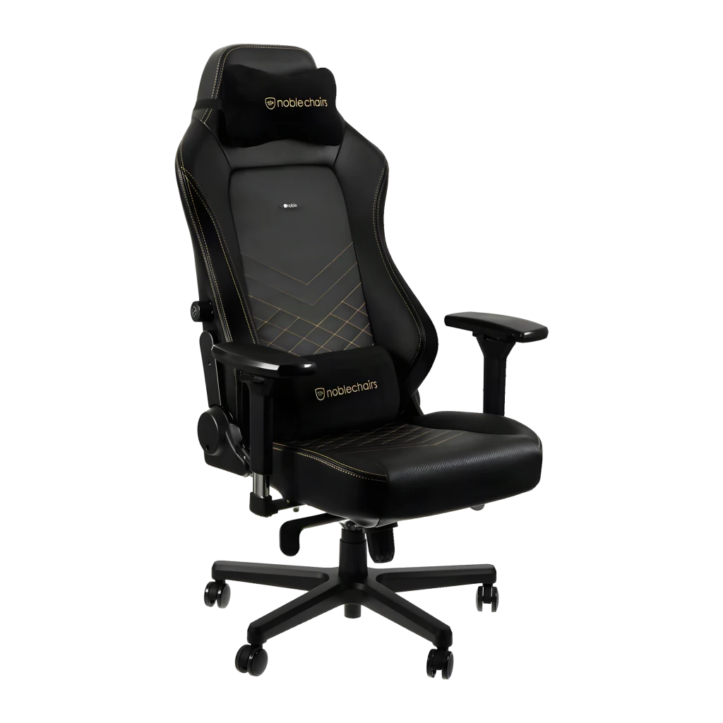 Chaise Gaming noblechairs HERO PU Noir/Or 150 kg Inclinable, vue de face: revêtement noir avec surpiqûres dorées en V