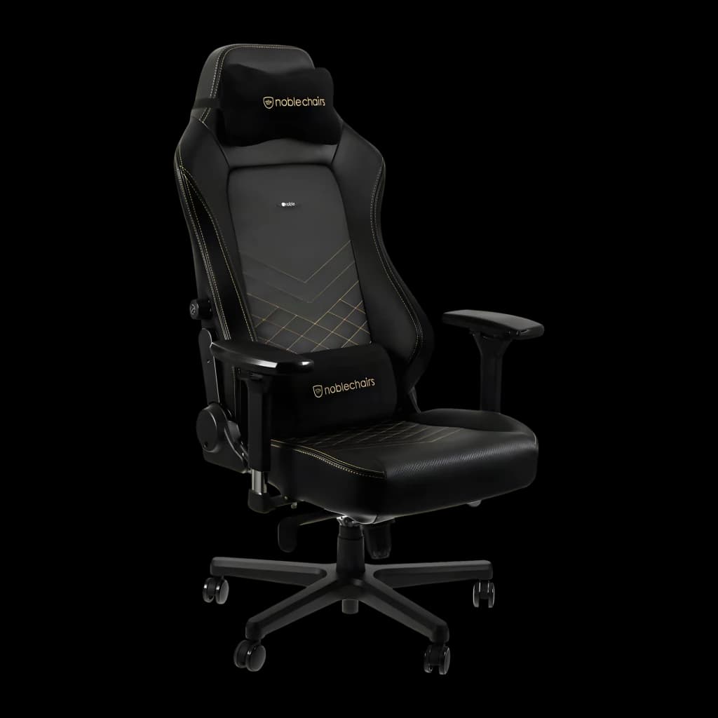 Chaise Gaming noblechairs HERO PU Noir/Or 150 kg Inclinable, vue de face: revêtement noir avec surpiqûres dorées en V